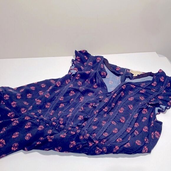 Vintage Mod cloth romper, w/pockets. Navy w/ pink flowers. Mock button front - Picture 5 of 7